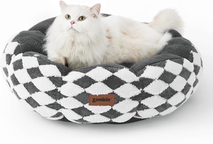 ZOMISIA Cat Beds for Indoor Cats, Cute Donut Kitten Beds for Small Dog, Round Plush Bed for Puppy and Large Cats, Anti-Slip Bottom, Grey