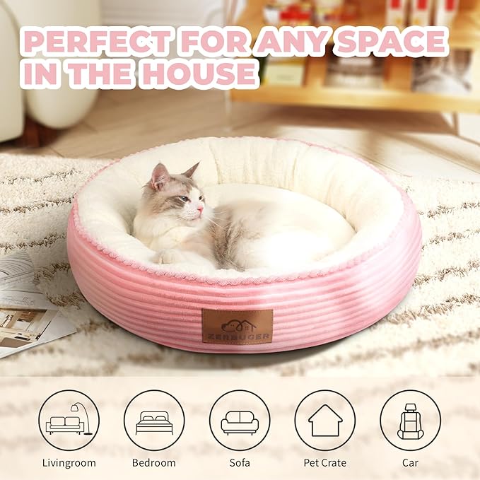 Zerbuger 20in Washable Cat Beds for Indoor Cats - Round Donut Pet Bed for Cats, Small Dogs, Puppy, Kitten - Anti-Slip Bottom, Calming Bed Gift - Pink