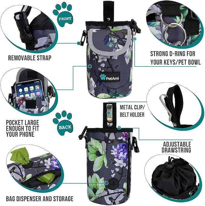 PetAmi Dog Treat Pouch, Large Hands-Free Training Bag, Floral Gray | Built-In Poop Bag Dispenser, Holds 3 Cups Of Treats, 4 Ways to Wear, D-Ring, Reflective Strap, Dog Treat Bag for Walking