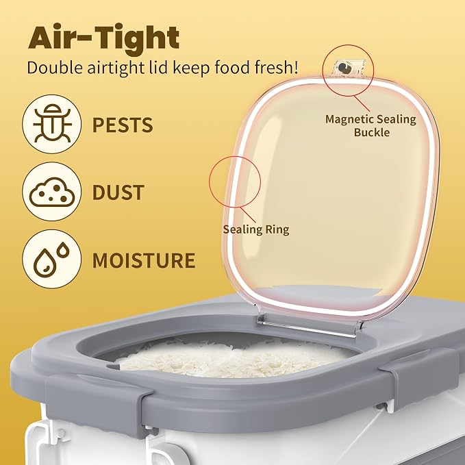 HOYTAMDAR 20-30Lbs Collapsible Rice Container,Food Storage container | Rice Storage Container with Airtight Lid,Rolling Wheels,Small Bin & Measuring Scoop,Rice Dispenser for Pet Food Rice Flour