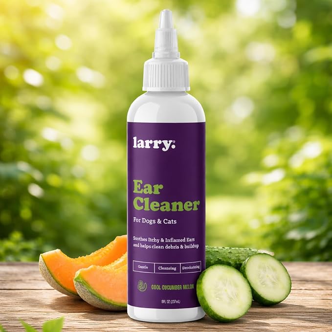 Larry Ear Cleaner Dogs Cats Cucumber Melon 8 fl oz | Gentle Pet Wash, Cleans Dries Deodorizes, Vet Recommended