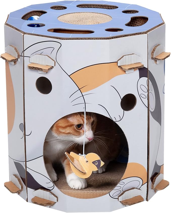 Furhaven Cardboard Hideout w/ Catnip for Indoor Cats, Ft. Scratching Pad, Ball Track, & Toys - Kitty Hideaway Corrugated Cat Scratcher House - Cat Print, One Size