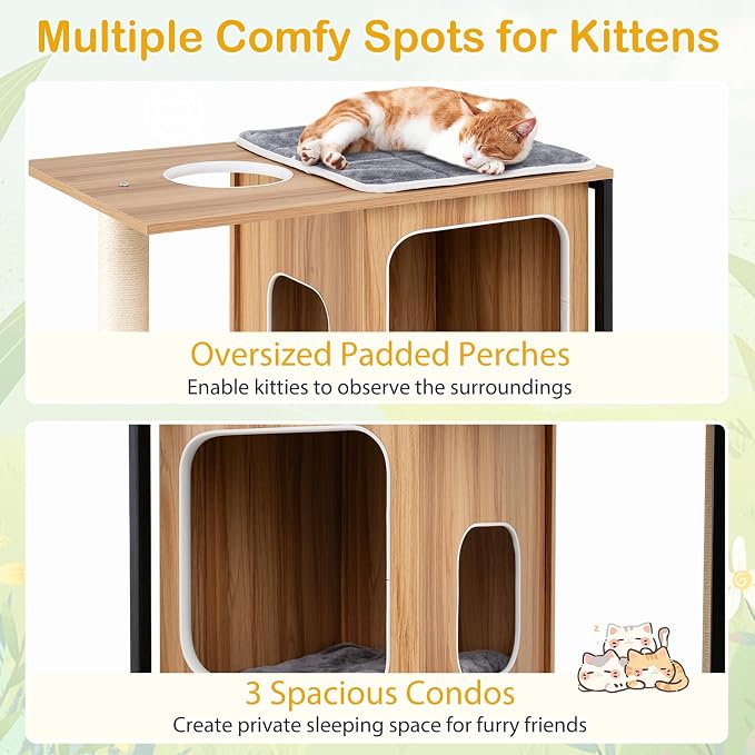 52-inch Wood Cat Tree for Indoor Cats, Multi-Level Solid Metal Framed Wooden Cat Tower with Sisal Scratching Posts and Pad, 3 Condos, and Top Platform with Cat Hole