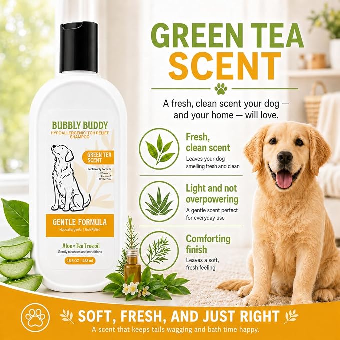 Hypoallergenic Itch Relief Shampoo for Dogs, Green Tea Scent Dog Shampoo with Aloe, Tea Tree Oil, Colloidal Oatmeal, Jojoba Oil & Vitamin E, pH Balanced Sensitive Skin & Anti-Itch Care, 15.5 fl oz