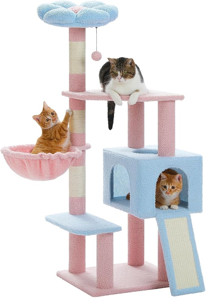 Flower Cat Tree 47.2" Multi-Level Cat Tower with Sisal Covered Scratching Posts, Cute Cat Condo for Indoor Small Medium Cats, Pink Top Perch, Ramp, Fluffy Ball, Blue