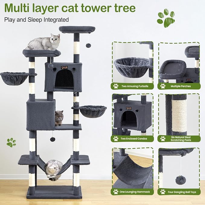 74in Cat Tree Tower for Indoor Cats, Multi-Level Design Dark Gray | 2 Roomy Condos, 2 Cozy Baskets, 2 Padded Perches, 9 Sisal Scratching Posts, Hammock, Hanging Toys, Wide Base, Easy Assembly