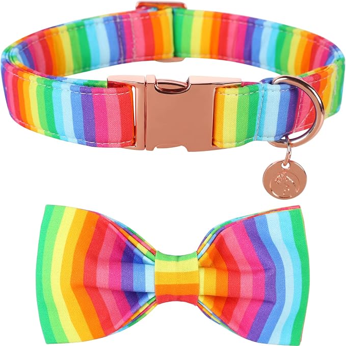 DOGWONG Rainbow Dog Collar with Pretty Bow Tie for LGBT Pride Month - Adjustable and Comfortable Collar for Large Medium Small Dog,XS