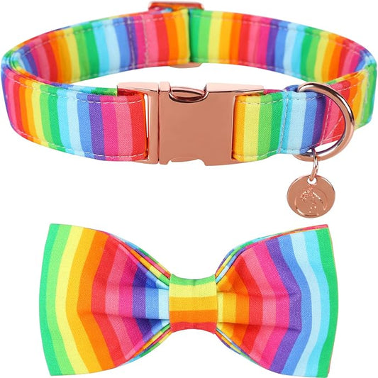 DOGWONG Rainbow Dog Collar with Pretty Bow Tie for LGBT Pride Month - Adjustable and Comfortable Collar for Large Medium Small Dog,XS