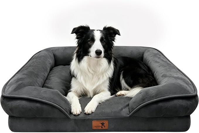 Spotted Play Orthopedic Dog Bed with Sides - Sofa Beds for Large Dogs, Supportive Foam Pet Couch Bed with Washable Removable Cover, Waterproof Lining and Non-Slip Bottom, Dark Grey - L