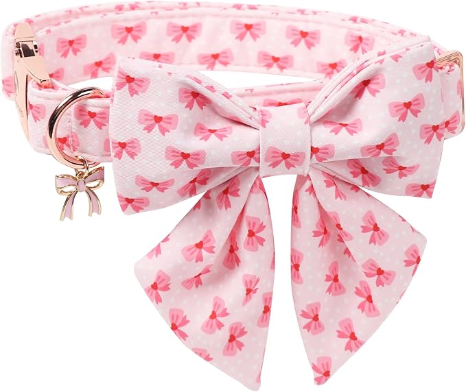 DOGWONG Valentine Dog Collar with Bow, Metal Buckle Adjustable Pink Bowtie Pet Valentine Collars for Puppies and Cats, XS