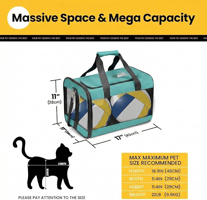 Conlun Cat Carrier Airline Approved, Soft-Sided Dog Carrier with Inner Safety Leash, Pet Transport Carrier for Small-Medium Cats Puppies up to 15 Lbs,Travel Kitten Carrier Bag -Turquoise,M