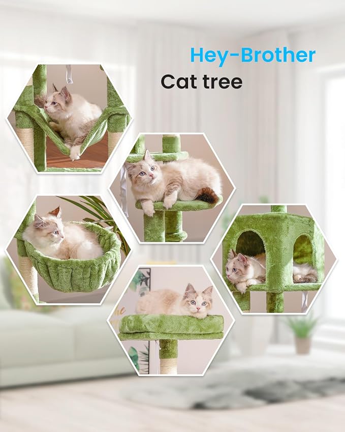 Hey-brother Cat Tree, Multi-Level Sisal Covered Scratching Posts, MPJ050GR | 60.6 Inches Tower with Condo, Large Hammock, Top Perch, Toy Ball for Indoor Multi-Cats Households, Green