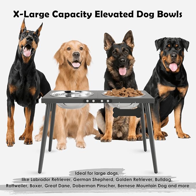ADENGL Elevated Dog Bowls for Large Extra Large Pet, Raised Dog Bowl Stand with Sprill Proof Mat and Bowls (2000ml/70oz), Pet Food & Water Bowl 15.5" Tall Dogs Feeder for Extra Large Breed, Grey