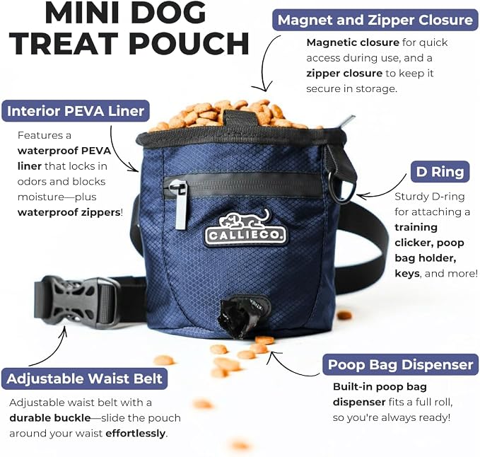 Callieco Mini Dog Treat Pouch with Magnetic & Zipper Closure | Small Waist Belt Training Behavior Aid Bag for Dog Walking with Poop Bag Dispenser (Blue)