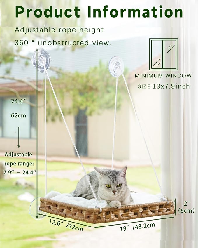 SETVSON Cat Window Perch 2-in-1 Cat Window Hammock Bed, Wall Shelves | Handwoven PE Rattan Kitty Seat with 4 Suction Cups, Double-Sided Washable Cushion Bed, 2.3" Fence, 16.5x12.6 In, Home Decor