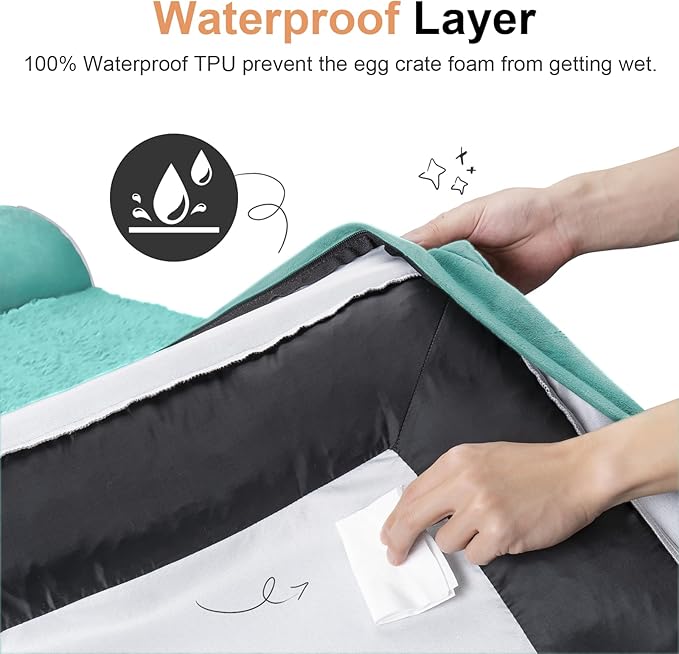 NANUYA Orthopedic Dog Bed for X-Large Dogs, 40 x 32 Inch, Aqua Blue | Egg crate foam for joint support, 3-sided bolster pet sofa, waterproof lining, washable cover, and non-skid base