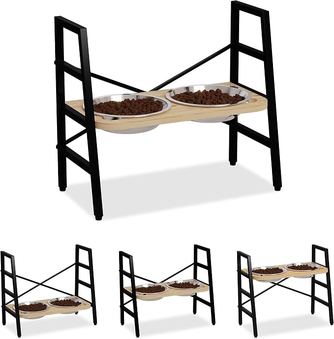 PUPETPO Elevated Dog Bowls, Adjustable Raised Dog Bowl Stand 4.1" to 11.6" | Black Metal Frame and Solid Wood Stand, Non-Slip Feet, 2 Stainless Steel Bowls 1.6L for Small to Medium Dogs, Cats and Pets