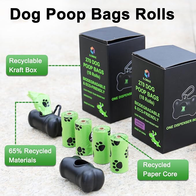 ILOMAX Dog Poop Bags with Dispenser, 270 Lavender Scented Waste Bags, Extra Thick Leak-Proof, 38% Plant-Based, Fits All Standard Holders – 18 Rolls