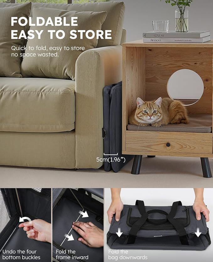 Pecute Pet Carrier for Cat up to 15lbs, Stable 5mm Steel Frame Soft-Sided Dog Carrier, Anxiety Relief Hidden Privacy Partition, Safe Pet Carrier for Car Travel, Washable, Foldable, Dark Gray, XL