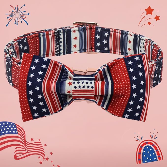 American Flag 4 of July Dog Bow Collar, Independence Day Adjustable Patriotic Dog Collar with Bowtie for Medium Dogs,M