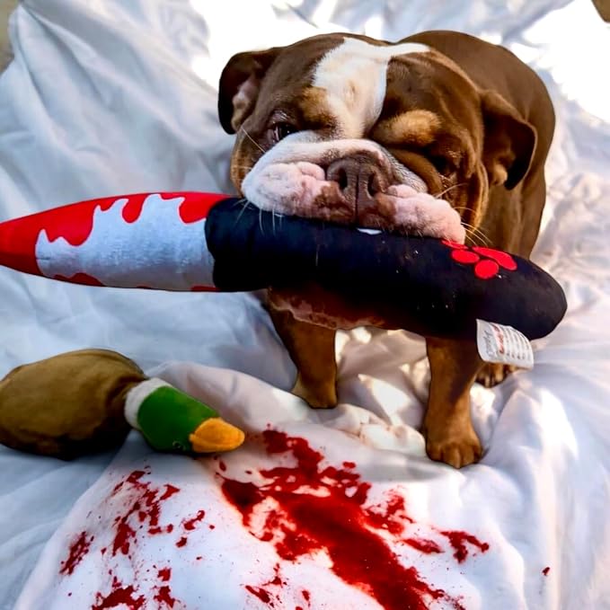 Bloody Knife® Brand Dog Toy (Large) | Halloween Horror Plush Toy for Medium and Large Dog Breeds | Scary Funny Squeaky and Crinkle Toy | Machine Washable