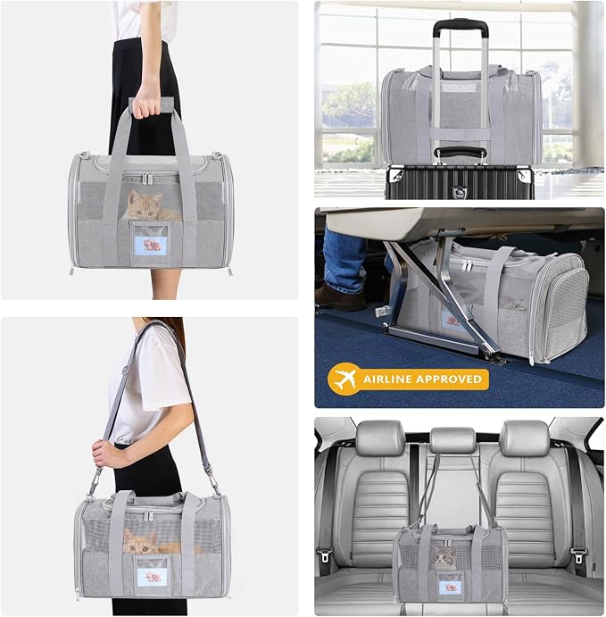 Cat Carrier Pet Dog Carrier Airline Approved for Puppy Cat Carrier Under 15 lbs, Collapsible Soft Sided Airline Approved Cat Carriers, Grey