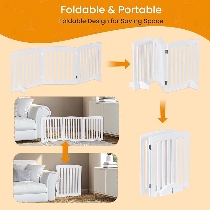 ZENY 24 Inch Pet Dog Gate, Foldable Freestanding Dog Door 3 Panel, White Wooden Z Shape Step Over Pet Fence for Entryway, Stairs, Doorway, White
