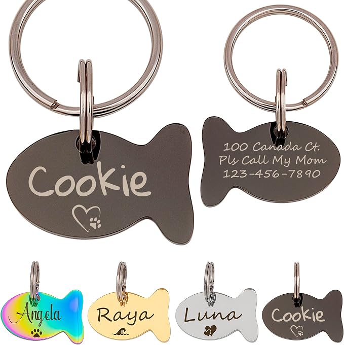 Anavia Cat Head & Fish Shape Pet ID Tags, Personalized Funny Icon Design Cat Name Tag, Customized Gold Plated Glossy Stainless Steel Black Rainbow Cat Dog Collar Tag (Small, Fish Shape, Black)