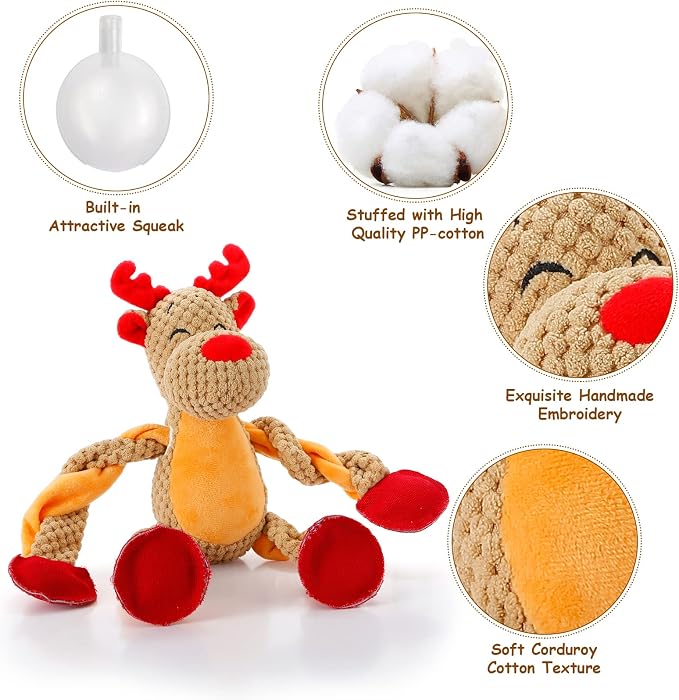 Senneny Christmas Dog Toys, Squeaky Reindeer Plush with Ropes for Tug of War, Durable Interactive Chew Toys for Puppy Small Medium Large Dogs