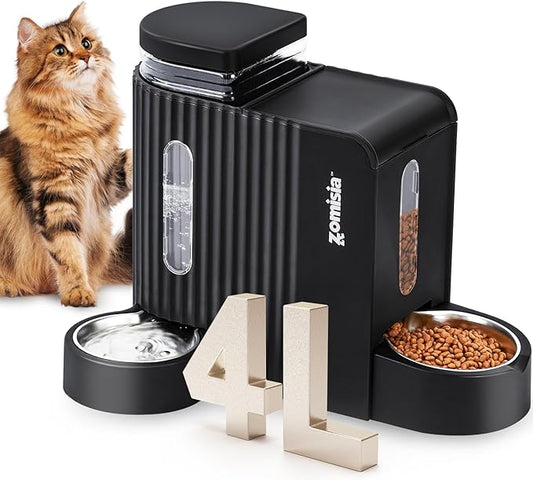 ZOMISIA Gravity Cat Feeder and Water Dispenser with 304 Stainless Steel Bowls, 2 in 1 Automatic Cat Feeder with 180 Degree Rotatable Water Bowl, Large Capacity for Puppy Kitten Rabbits, Black