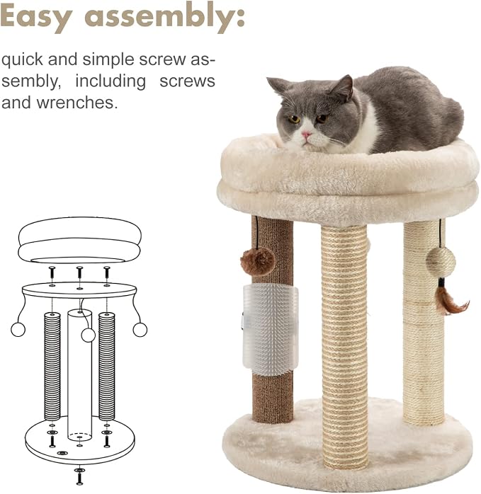 MECOOL 4in1 Small Cat Tree,Scratching Post with Tower Soft Bed, Sisal Carpet Jute Posts with Three Hanging Ball Toys and Massage Brush for Indoor Cats and Kittens
