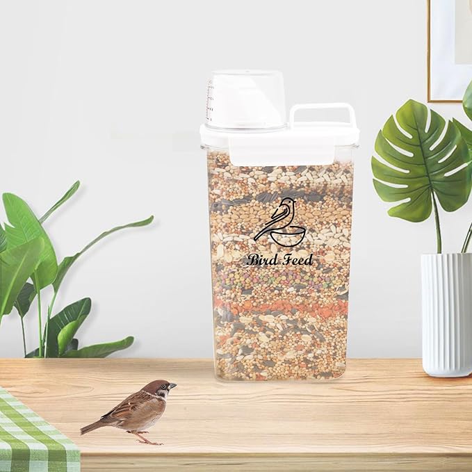 Bird Seed Storage Container Portable,2.5L/3 Qt Airtight Pet Food Container with Measuring Cup,Bird Food Container for Wild Bird Sunflower Seed-BPA Free Transparent