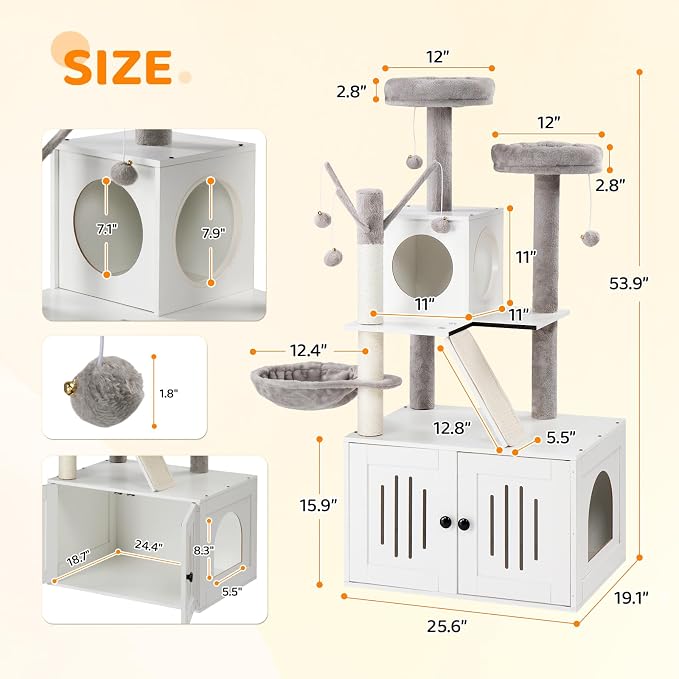 VINGLI Cat Tree Tower with Litter Box, 54" H All-in-1 Wooden Cats Condo, Cat Tower wih Scratching Posts, Houses for Indoor Kittens Hidden Cat Washroom Furniture (White Cabinet)