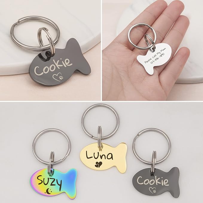 Anavia Cat Head & Fish Shape Pet ID Tags, Personalized Funny Icon Design Cat Name Tag, Customized Gold Plated Glossy Stainless Steel Black Rainbow Cat Dog Collar Tag (Small, Fish Shape, Silver)