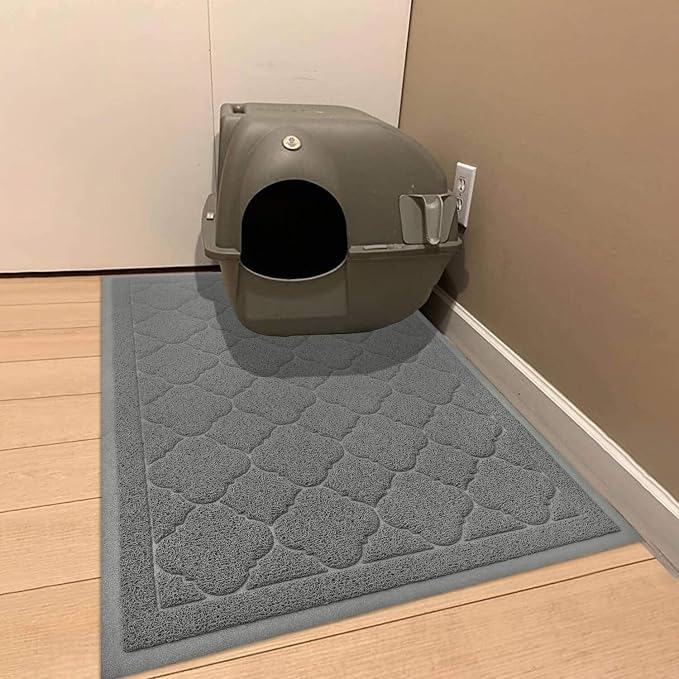 Cat Litter Box Mat, Kitty Premium PVC Pad, Durable Trapping Rug, Phthalate Free, Urine-Resistant, Scatter Control, L 35 x 23 Inch, Grey