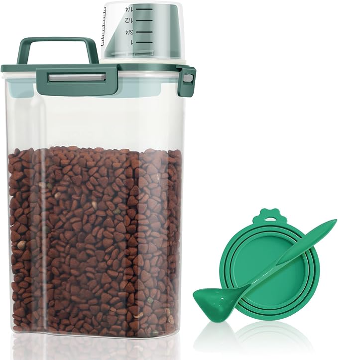TBMax Small Dog Food Storage Container 3 Qt with Cat Food Can Cover and Mixing Spoon, Portable Travel Pet Food Dispenser with Large Spout and Cup -Bottle Green