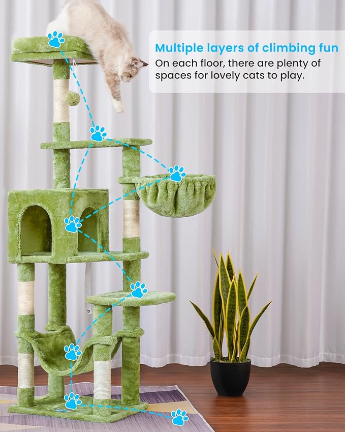 Hey-brother Cat Tree, Multi-Level Sisal Covered Scratching Posts, MPJ050GR | 60.6 Inches Tower with Condo, Large Hammock, Top Perch, Toy Ball for Indoor Multi-Cats Households, Green