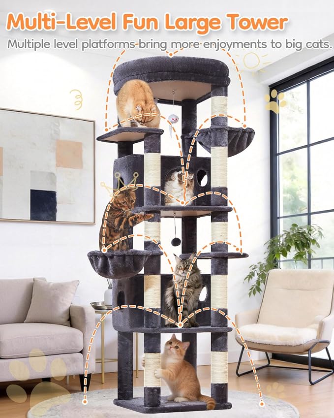 Taoqimiao Heavy Duty Cat Tree, 73In Sturdy Cat Tower for Large Cats 25lbs+ | 2 Widen Condos, Enlarged Sleeping Platform, 9 Scratching Posts, 2 Cozy Baskets, Cat Toys, Smoky Gray, F30G