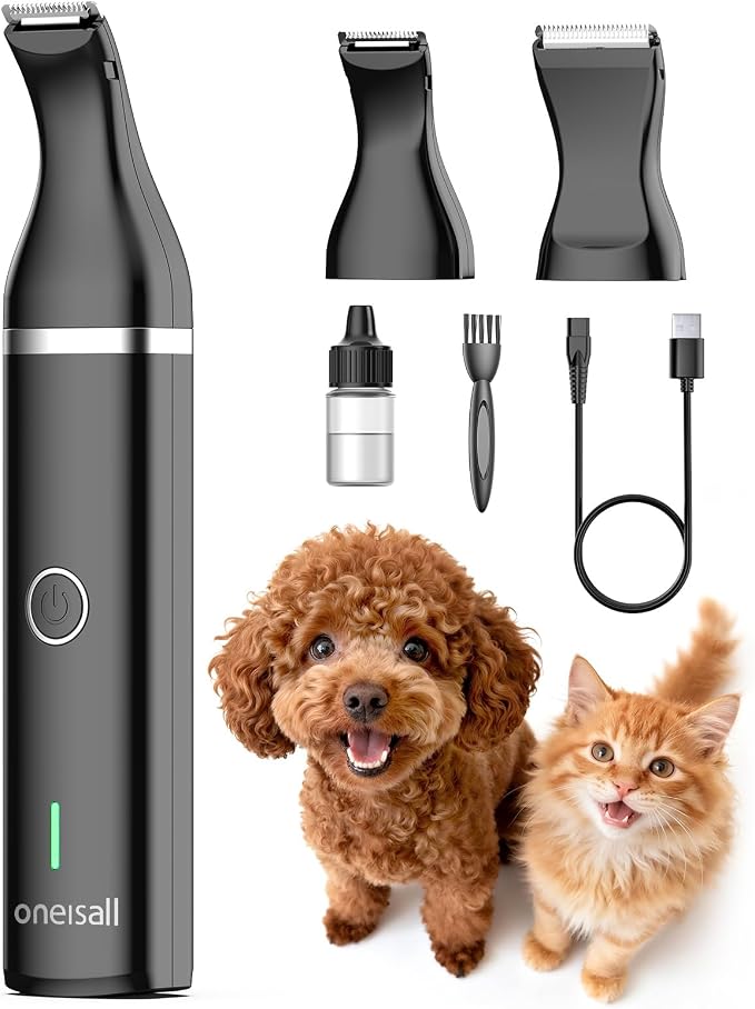 oneisall Dog Paw Trimmer, Small Dog Clippers with Double Blades (Black) | Low Noise, Gentle Skin-friendly Design, Cordless Precision Pet Hair trimmer for Grooming, for Paws, Eyes, Ears, Face, Rump