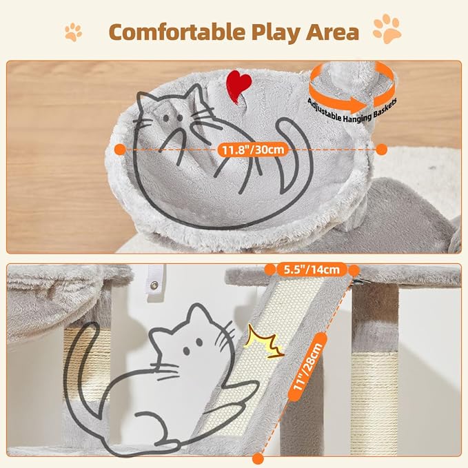 Taoqimiao Cat Tree, 38.5In Cat Tower for Indoor Cats, Suitable for Kittens | Thick Padded Top Perch, Luxurious Cat Condo, Adjustable Basket, 1-Piece Ramp Scratcher, 3 Sisal Posts, Light Gray, MS029SW
