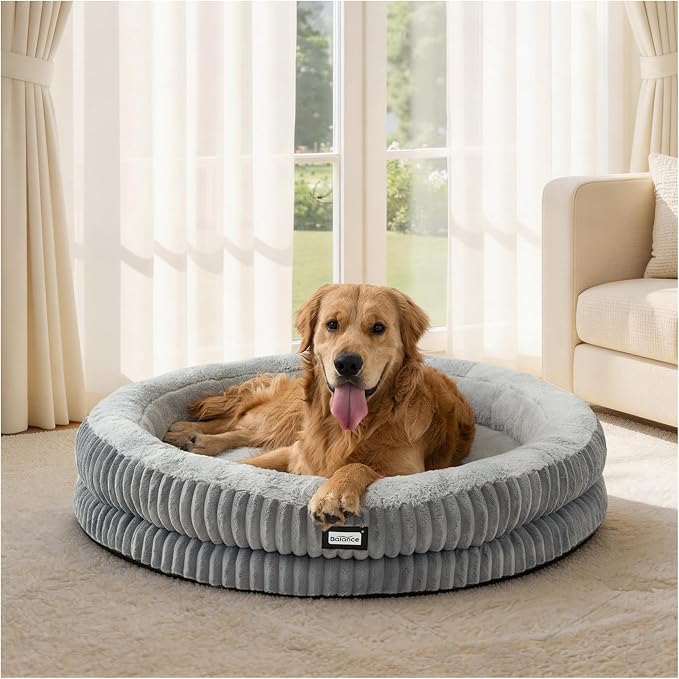 BALANCE Donut Dog Bed, 43 Inches Round Dog Bed Extra Large Size Dogs Washable, Orthopedic Calming Dogs Beds for Kitten, Fluffy Plush Faux Fur Pet Bed with Anti-Slip Bottom