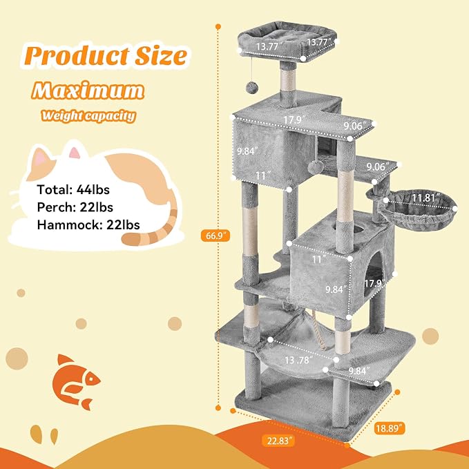 DUMOS Large 66 Inch Cat Tree Tower with Scratching Posts, Indoor Use | Tall Multi Level Cat Climbing Tower with Hammock, Pet Condo for Cats and Kittens Play, Light Gray