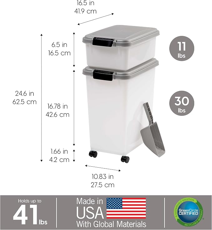 IRIS USA Dog Food Storage Container, Up to 30+11 lbs, Gray/Dark Gray | Made in the USA, Includes 2-Cup Scoop & Wheels, Airtight Seal, BPA-Free, Bird Seed, Cat food, Cat Litter, Treats, Toys