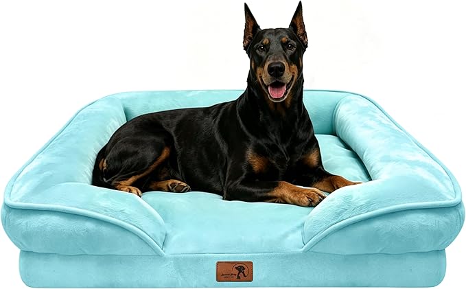 Spotted Play Orthopedic Dog Bed with Sides - Sofa Beds for Extra Large Dogs, Supportive Foam Pet Couch Bed with Washable Removable Cover, Waterproof Lining and Non-Slip Bottom, Ice Blue - XL-Plus
