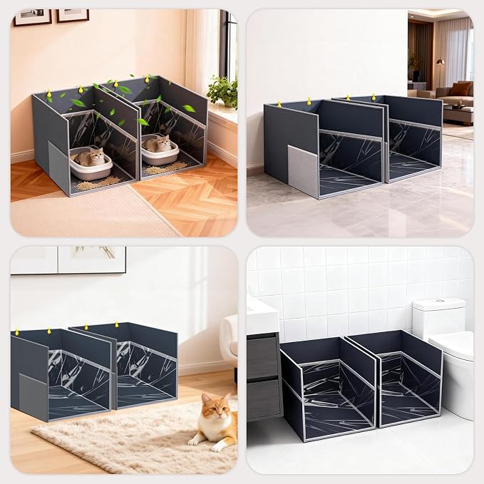 Aokeyee 2PCS Cat Litter Box Enclosure Splash Guard, Gray Waterproof | 27.16x21.65x16.53, Removable PVC Mat with 2 Hooks, Foldable Anti-Leakage Dust Control