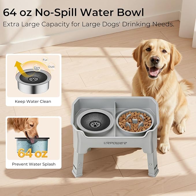 URPOWER Mess Proof Elevated Dog Bowls 4 Height Adjustable Raised Stand with No Spill Water Bowl and Slow Feeder Dog Bowls Non-Slip Food and Water Bowl Set for Small, Medium & Large Dogs