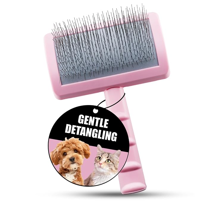 Tauro Pro Line Deshedding Slicker Brush for Dogs & Cats, Soft Pins for Gentle Dematting & Detangling, Grooming Tool for Long & Dense Coats, Ideal for German Shepherds, Non-Slip, Pink, Small Size (S)
