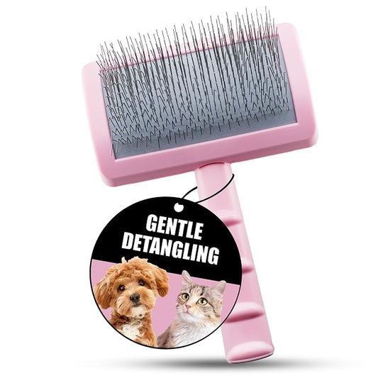Tauro Pro Line Deshedding Slicker Brush for Dogs & Cats, Soft Pins for Gentle Dematting & Detangling, Grooming Tool for Long & Dense Coats, Ideal for German Shepherds, Non-Slip, Pink, Small Size (S)