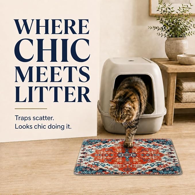 PUPIBOO Cat Litter Mat, Litter Trapping Mat, and Washable Cat Pee Pad | Cat litter box mat and cat food mat, 15x24in, 4-layer, OekoTex-, non-slip, washes up to 500 times