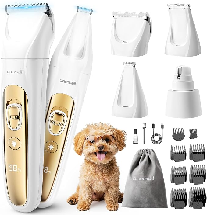 oneisall Quiet 4-in-1 Dog Grooming Kit with LED Light | Storage Bag, Clippers & Nail Grinder, Cordless, 3.7 hrs Runtime, LED Display, Safe for Paw, Nail, Face, Ears, Legs, Body